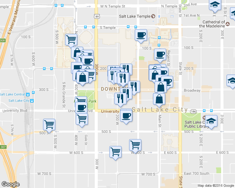 map of restaurants, bars, coffee shops, grocery stores, and more near 349 S 200 W in Salt Lake City