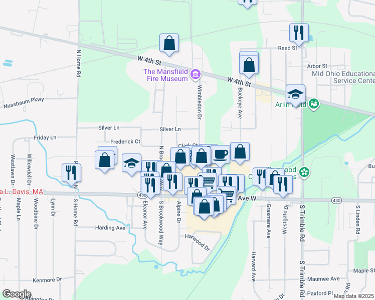 map of restaurants, bars, coffee shops, grocery stores, and more near 1275 Clark Court in Mansfield