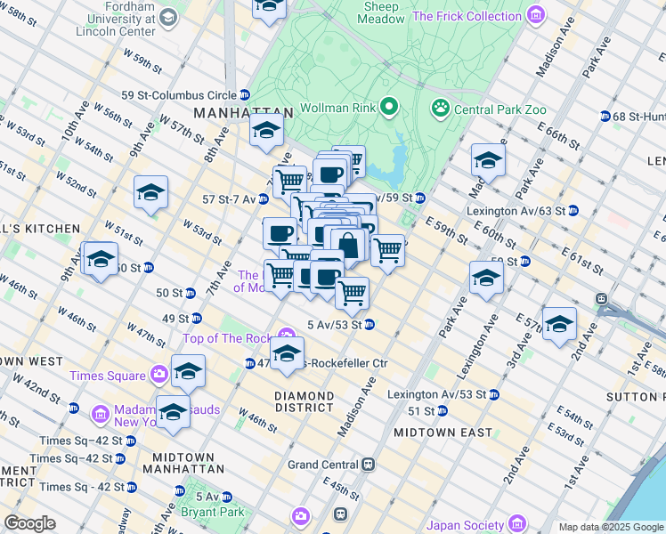 map of restaurants, bars, coffee shops, grocery stores, and more near 52 West 55th Street in New York