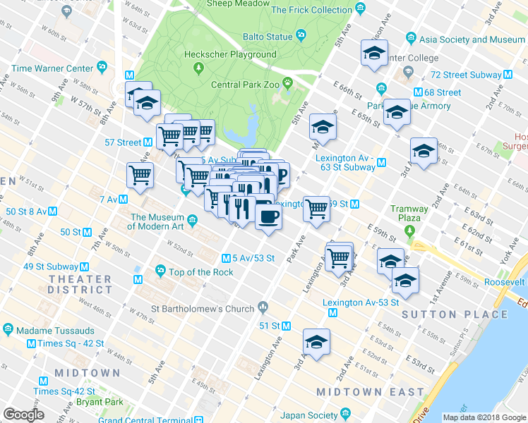 map of restaurants, bars, coffee shops, grocery stores, and more near 10 East 57th Street in New York