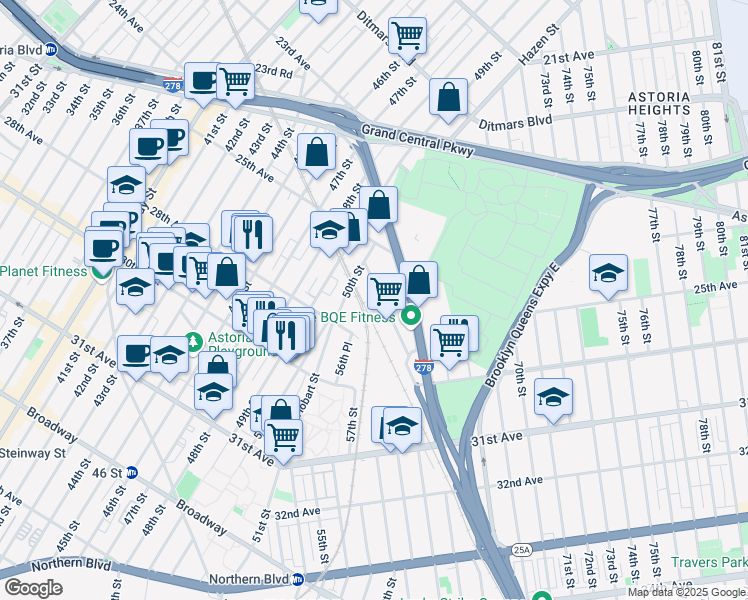 map of restaurants, bars, coffee shops, grocery stores, and more near 25-66 Borough Place in Queens