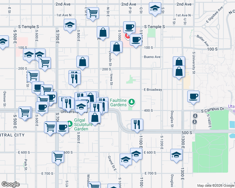 map of restaurants, bars, coffee shops, grocery stores, and more near 312 South 1000 East in Salt Lake City