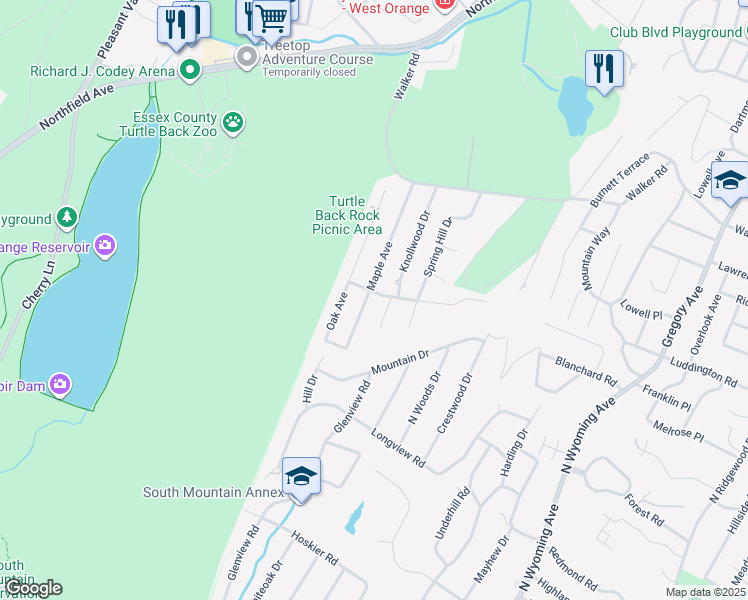 map of restaurants, bars, coffee shops, grocery stores, and more near 60 Maple Avenue in West Orange
