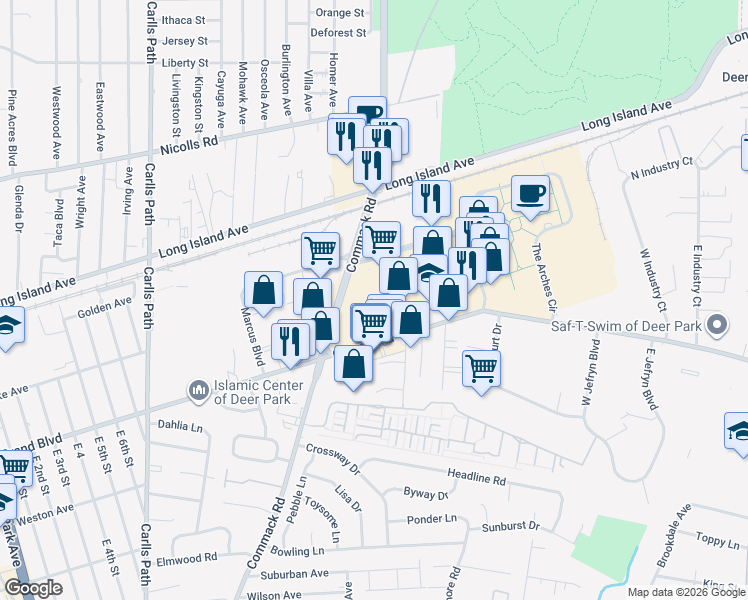 map of restaurants, bars, coffee shops, grocery stores, and more near 409 Commack Road in Deer Park