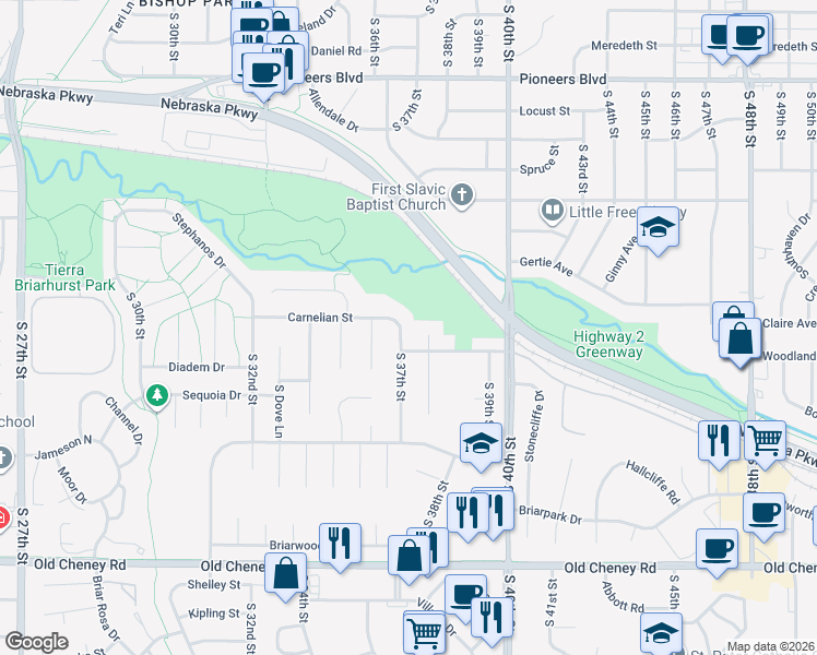 map of restaurants, bars, coffee shops, grocery stores, and more near 5110 South 37th Street in Lincoln