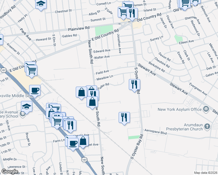 map of restaurants, bars, coffee shops, grocery stores, and more near 4 Eton Lane in Hicksville