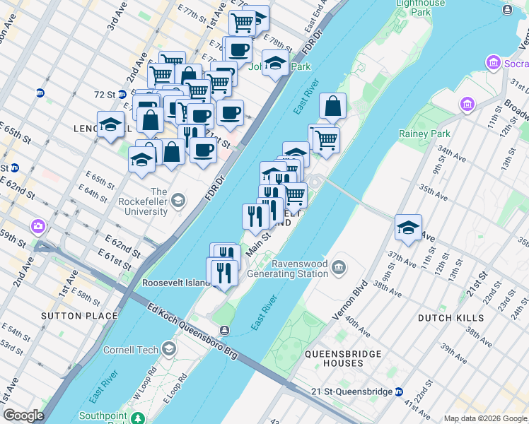 map of restaurants, bars, coffee shops, grocery stores, and more near 555 Main Street in New York