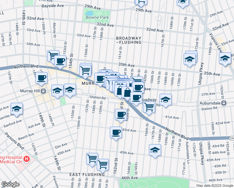 map of restaurants, bars, coffee shops, grocery stores, and more near 160-38 Northern Boulevard in Queens