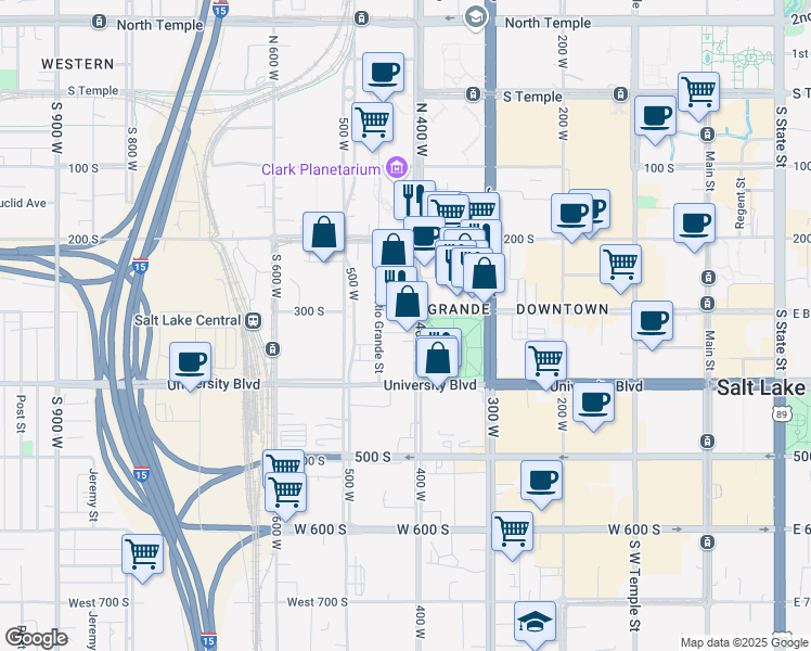 map of restaurants, bars, coffee shops, grocery stores, and more near 300 400 West in Salt Lake City