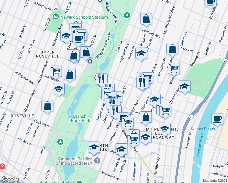 map of restaurants, bars, coffee shops, grocery stores, and more near 266 Parker Street in Newark