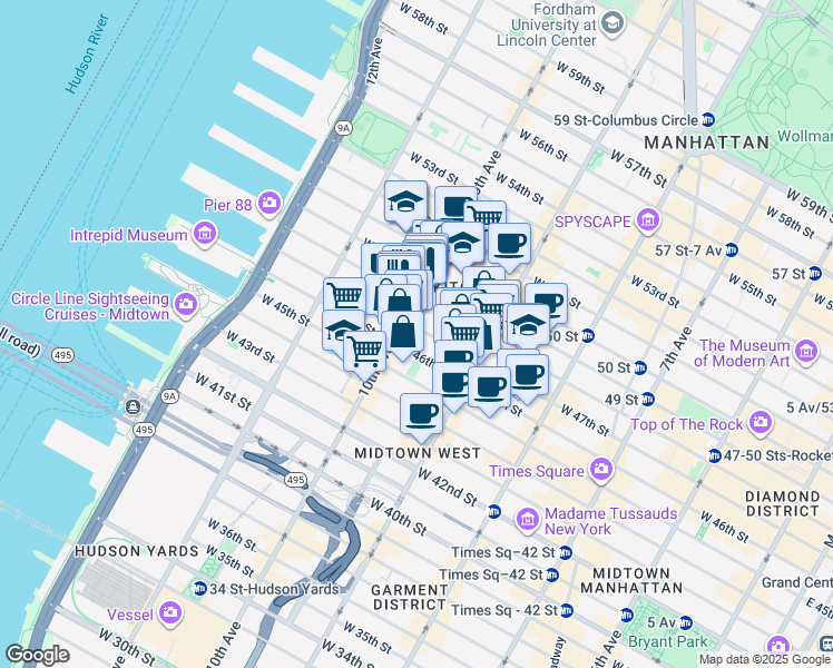 map of restaurants, bars, coffee shops, grocery stores, and more near 447 West 47th Street in New York