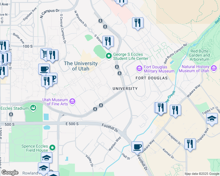 map of restaurants, bars, coffee shops, grocery stores, and more near 250 S 1850 E in Salt Lake City