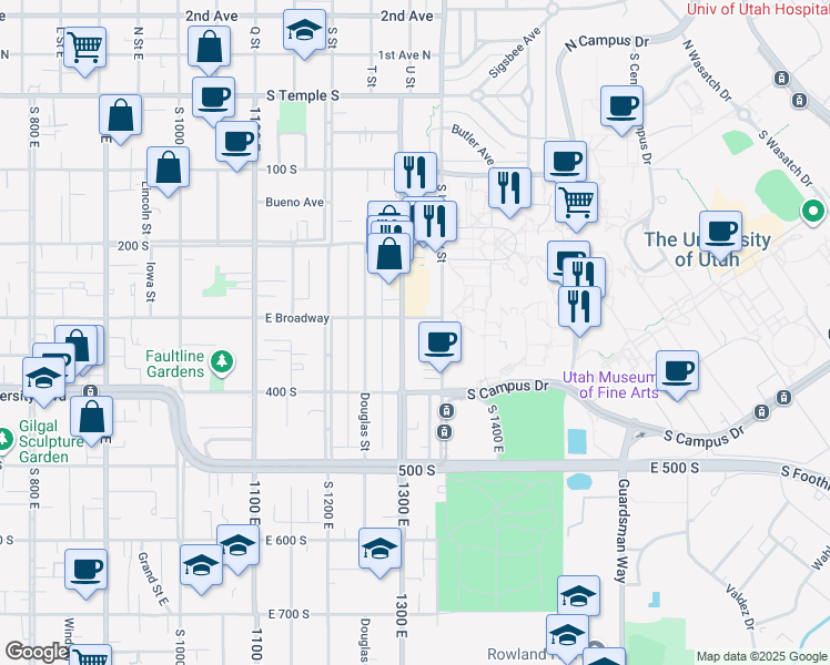 map of restaurants, bars, coffee shops, grocery stores, and more near 305 South 1300 East in Salt Lake City