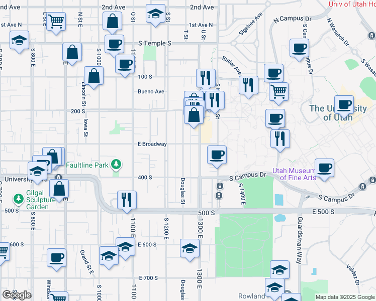map of restaurants, bars, coffee shops, grocery stores, and more near 305 Douglas Street in Salt Lake City