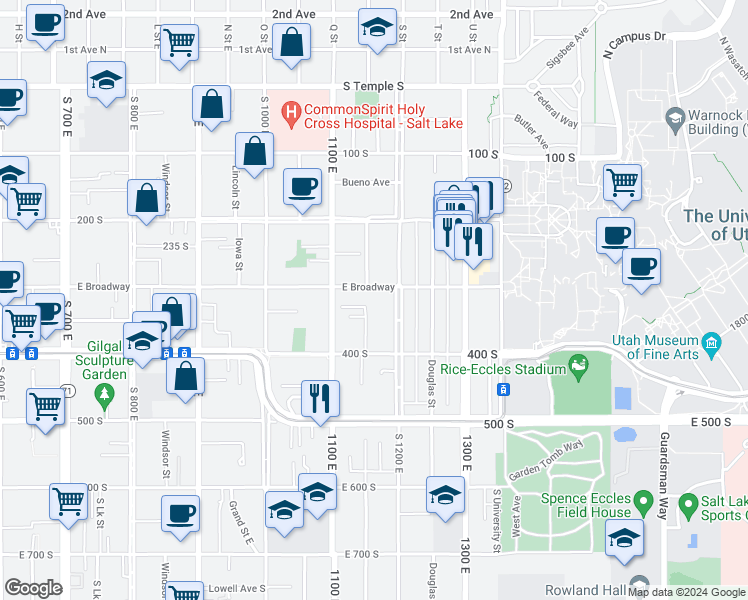 map of restaurants, bars, coffee shops, grocery stores, and more near 1144 East 300 South in Salt Lake City
