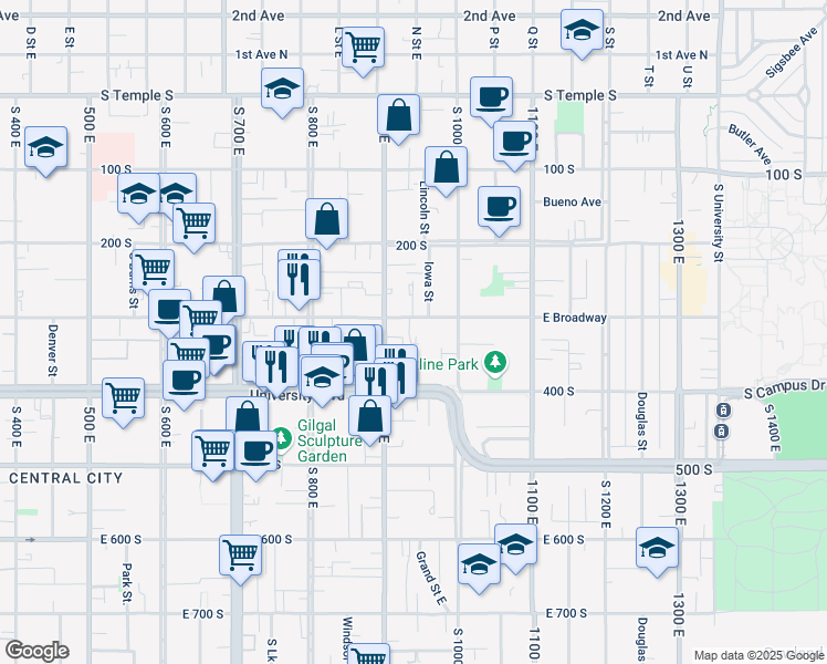 map of restaurants, bars, coffee shops, grocery stores, and more near 938 East 300 South in Salt Lake City