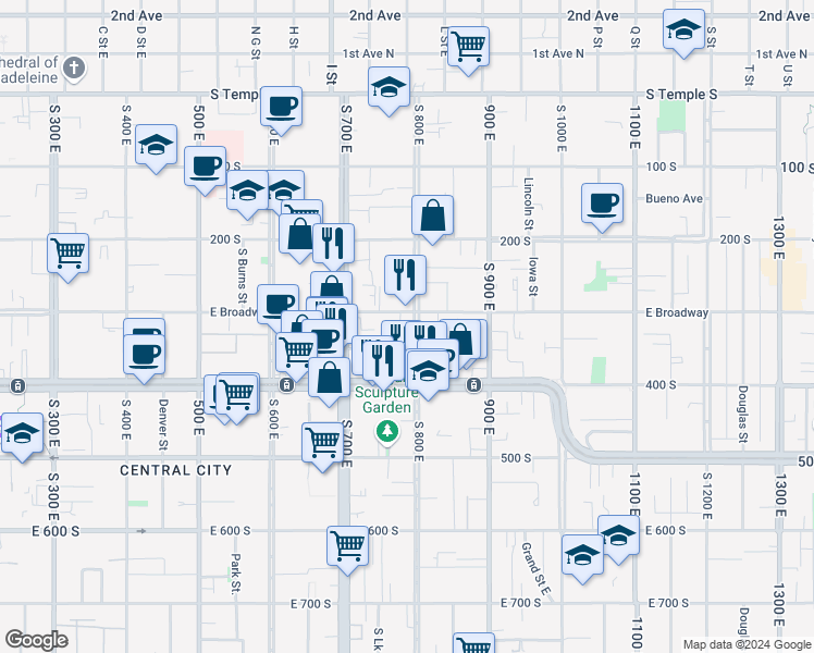 map of restaurants, bars, coffee shops, grocery stores, and more near 310-320 800 East in Salt Lake City