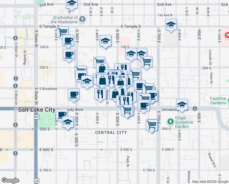 map of restaurants, bars, coffee shops, grocery stores, and more near 460 East 300 South in Salt Lake City
