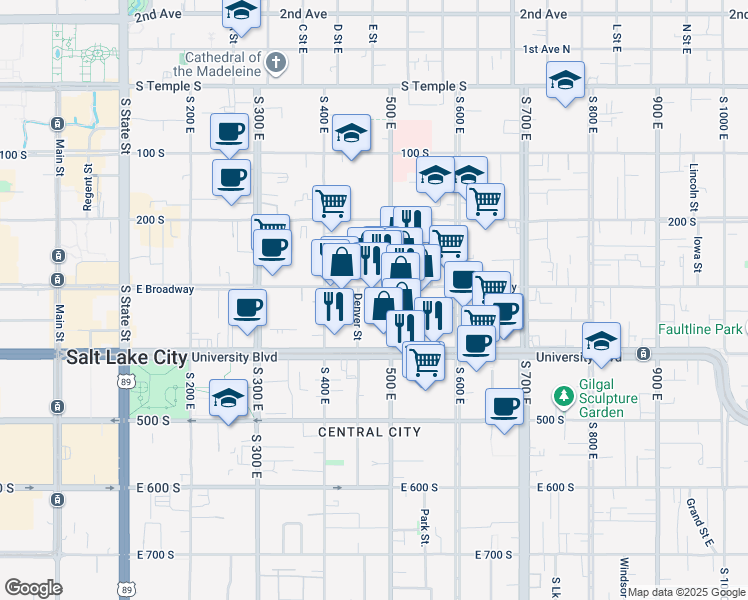 map of restaurants, bars, coffee shops, grocery stores, and more near 460 East 300 South in Salt Lake City