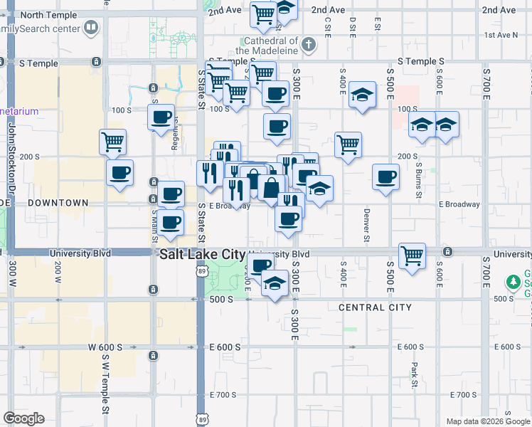 map of restaurants, bars, coffee shops, grocery stores, and more near 200 East 300 South in Salt Lake City