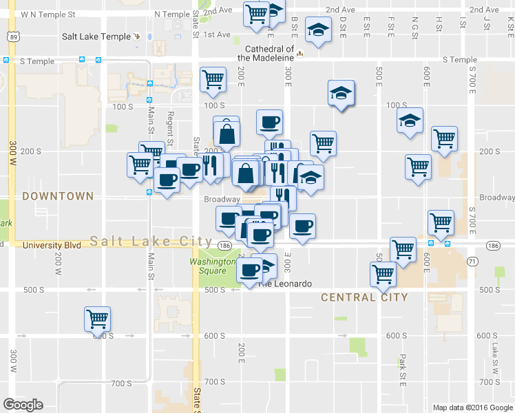 map of restaurants, bars, coffee shops, grocery stores, and more near 200 East 300 South in Salt Lake City