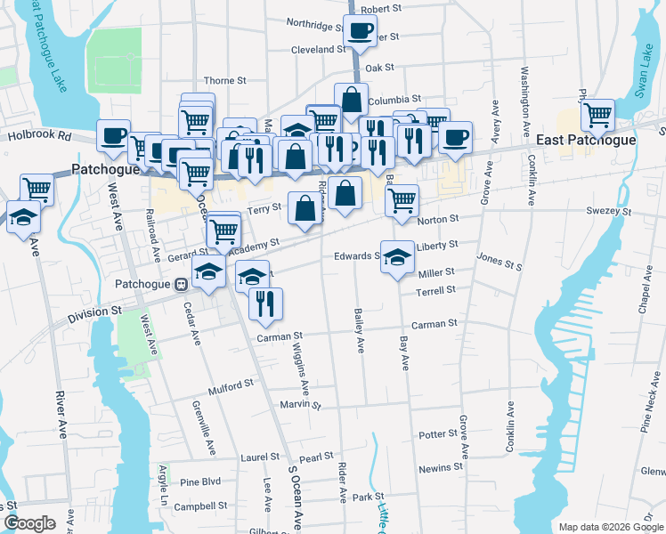 map of restaurants, bars, coffee shops, grocery stores, and more near 14 Edwards Street in Patchogue