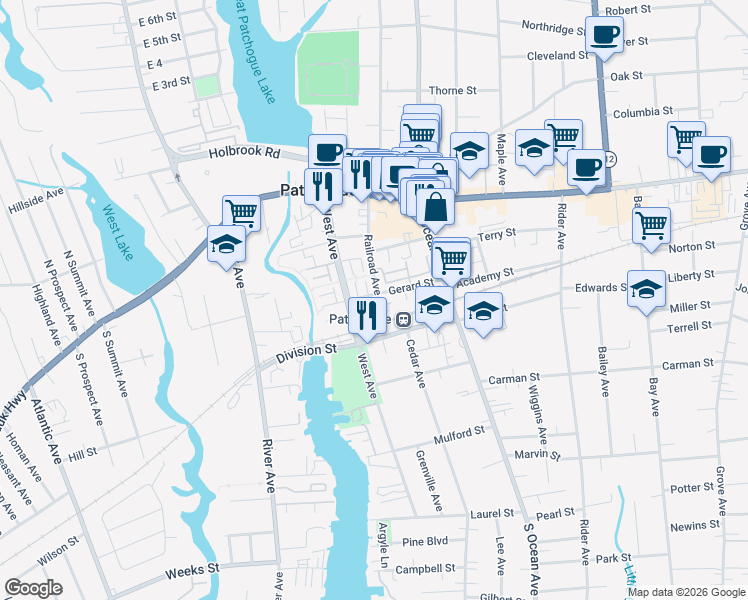 map of restaurants, bars, coffee shops, grocery stores, and more near 54 Barley Lane in Patchogue