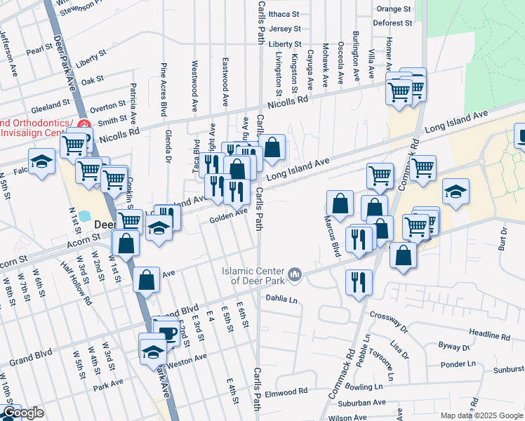 map of restaurants, bars, coffee shops, grocery stores, and more near 1-72 Parkcenter Drive in Deer Park