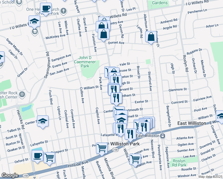 map of restaurants, bars, coffee shops, grocery stores, and more near 12 William Street in Williston Park