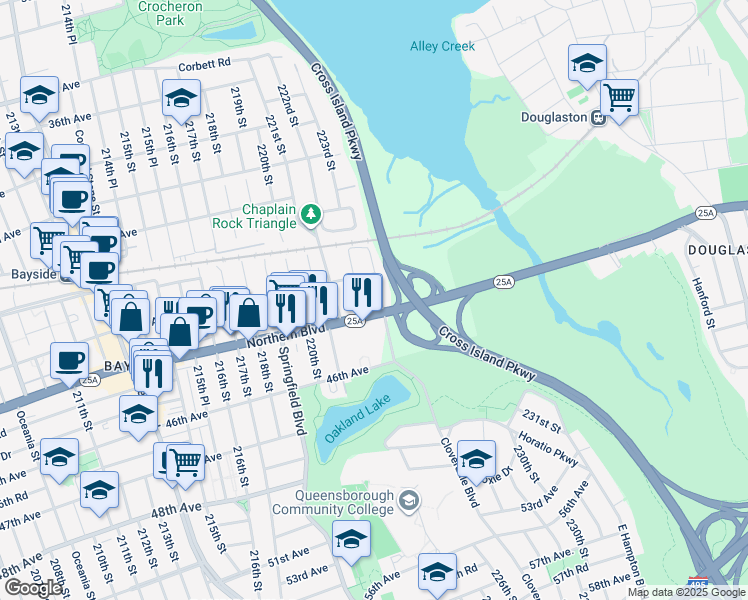 map of restaurants, bars, coffee shops, grocery stores, and more near 43-19 222nd Street in Queens