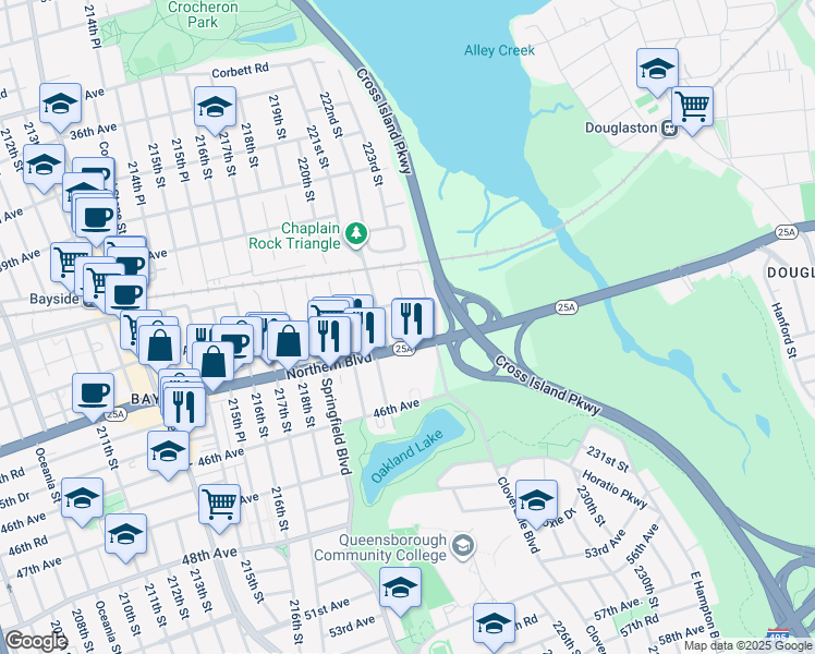 map of restaurants, bars, coffee shops, grocery stores, and more near 43-19 222nd Street in Queens