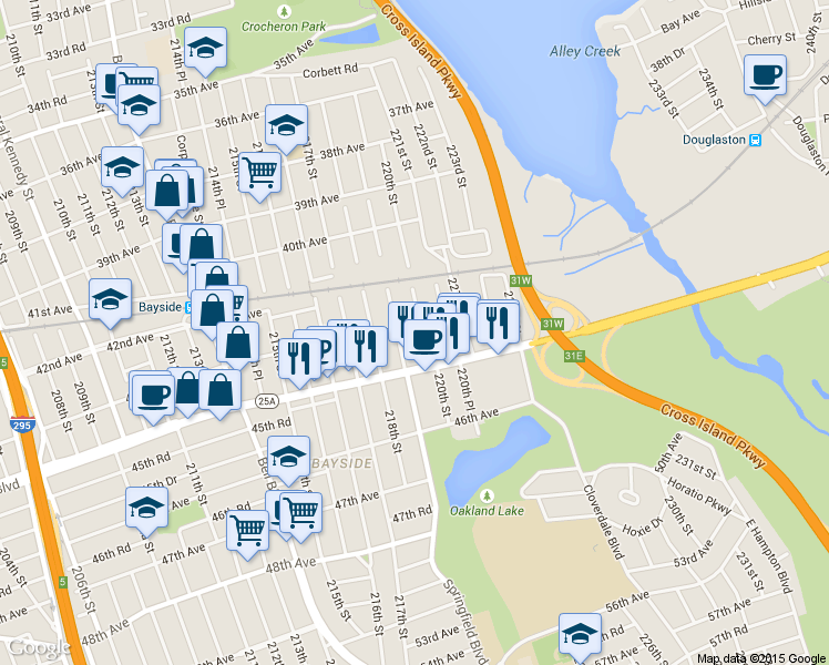 map of restaurants, bars, coffee shops, grocery stores, and more near 219-20 43rd Avenue in Queens