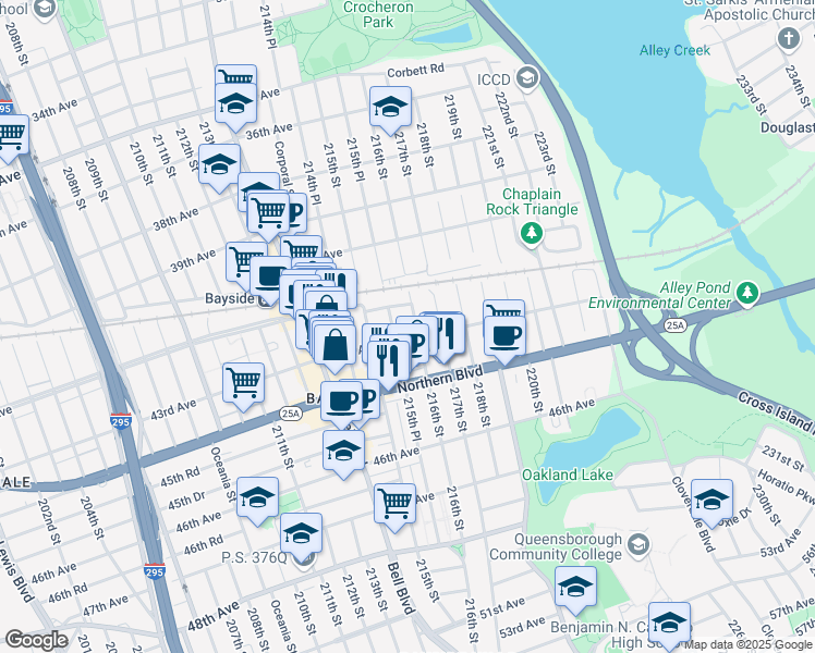 map of restaurants, bars, coffee shops, grocery stores, and more near 42-11 215th Place in Queens