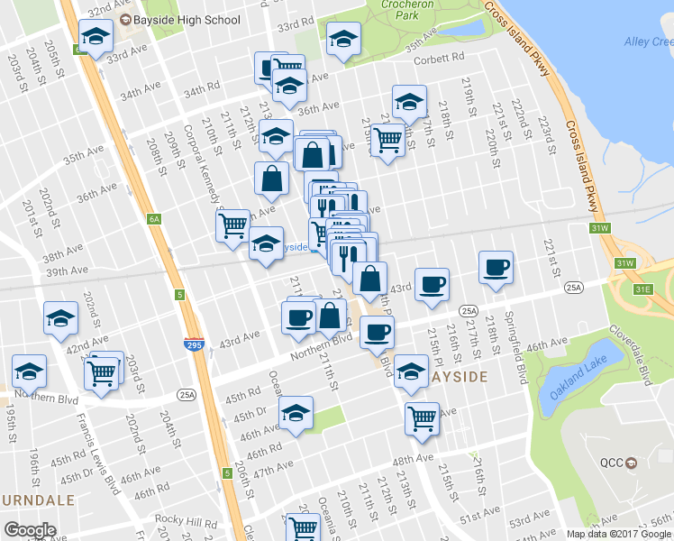 map of restaurants, bars, coffee shops, grocery stores, and more near 212-16 42nd Avenue in Queens