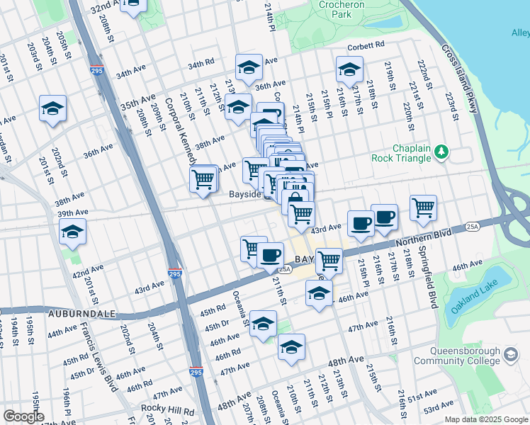 map of restaurants, bars, coffee shops, grocery stores, and more near 211-9 42nd Avenue in Queens