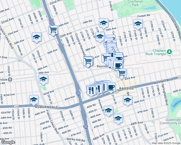 map of restaurants, bars, coffee shops, grocery stores, and more near 40-05 209th Street in Queens