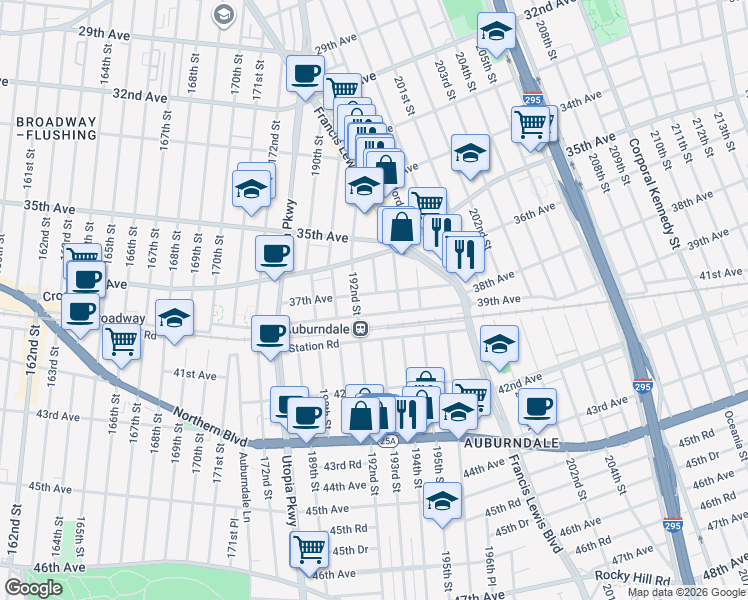 map of restaurants, bars, coffee shops, grocery stores, and more near 192-14 37th Avenue in Queens