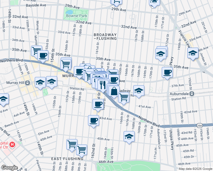 map of restaurants, bars, coffee shops, grocery stores, and more near 16224 Crocheron Avenue in Queens