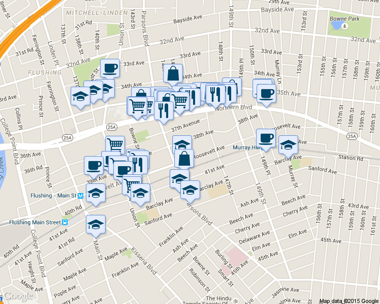 map of restaurants, bars, coffee shops, grocery stores, and more near 144-44 38th Avenue in Queens