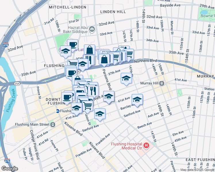 map of restaurants, bars, coffee shops, grocery stores, and more near 144-02 38th Avenue in Queens