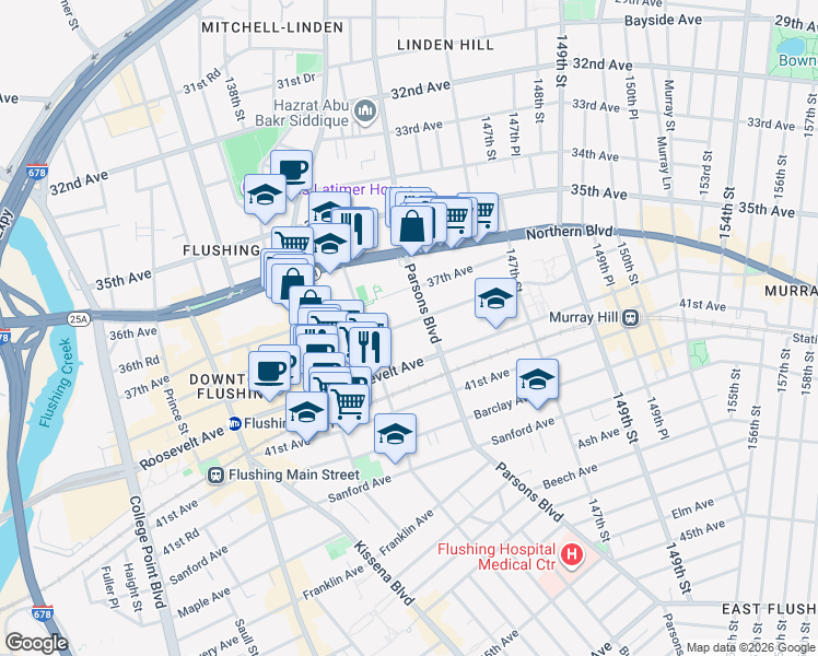 map of restaurants, bars, coffee shops, grocery stores, and more near 143-25 38th Avenue in Queens