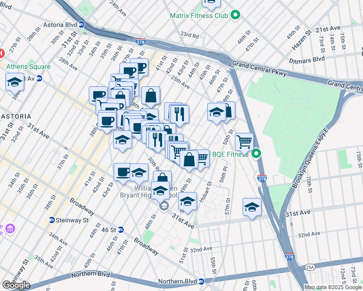 map of restaurants, bars, coffee shops, grocery stores, and more near 28-46 46th Street in Queens