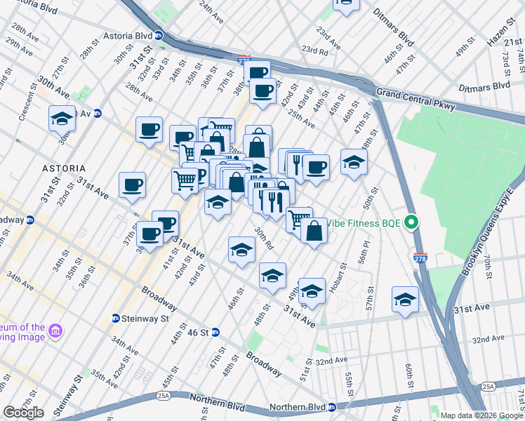 map of restaurants, bars, coffee shops, grocery stores, and more near 28-50 45th Street in Queens