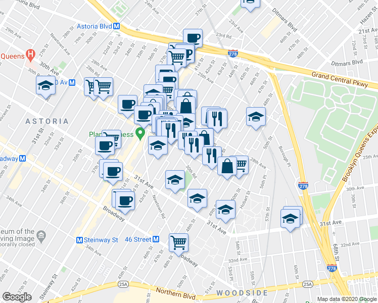 map of restaurants, bars, coffee shops, grocery stores, and more near 28-50 45th Street in Queens
