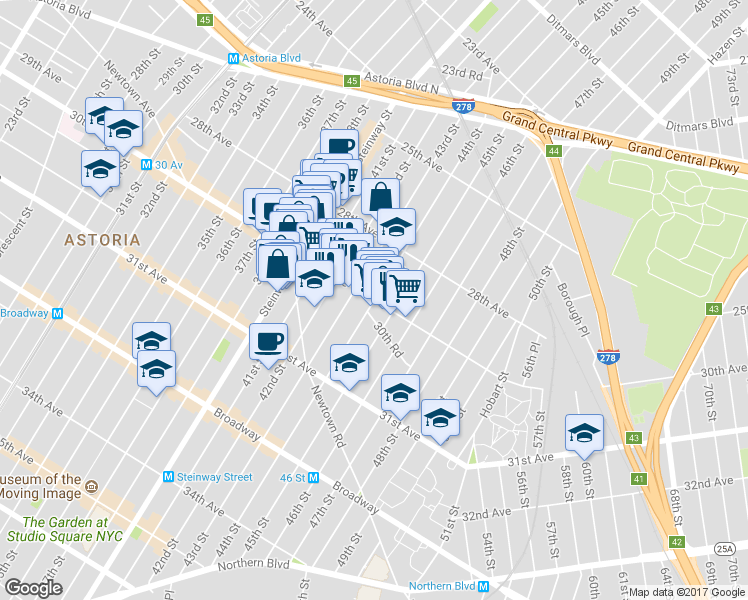 map of restaurants, bars, coffee shops, grocery stores, and more near 43-04 30th Avenue in Queens
