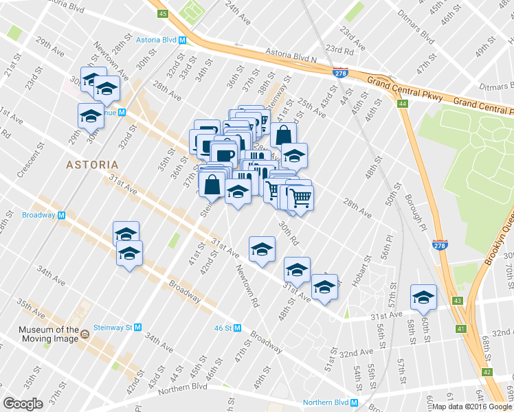 map of restaurants, bars, coffee shops, grocery stores, and more near 43-04 30th Avenue in Queens