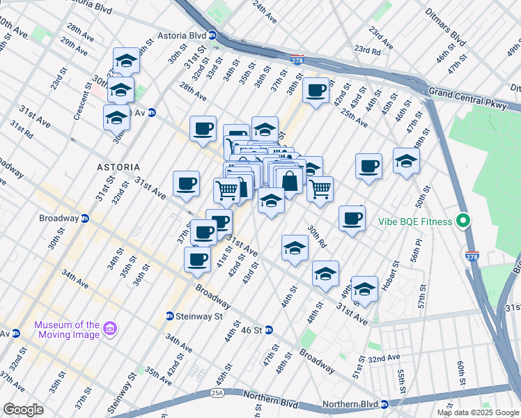 map of restaurants, bars, coffee shops, grocery stores, and more near 30-28 42nd Street in Queens