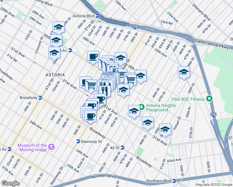 map of restaurants, bars, coffee shops, grocery stores, and more near 30-49 Steinway Street in Queens