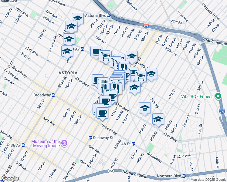 map of restaurants, bars, coffee shops, grocery stores, and more near 38-05 31st Avenue in Queens