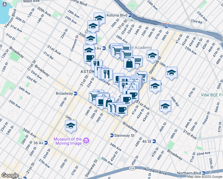 map of restaurants, bars, coffee shops, grocery stores, and more near 35-6 31st Avenue in Queens